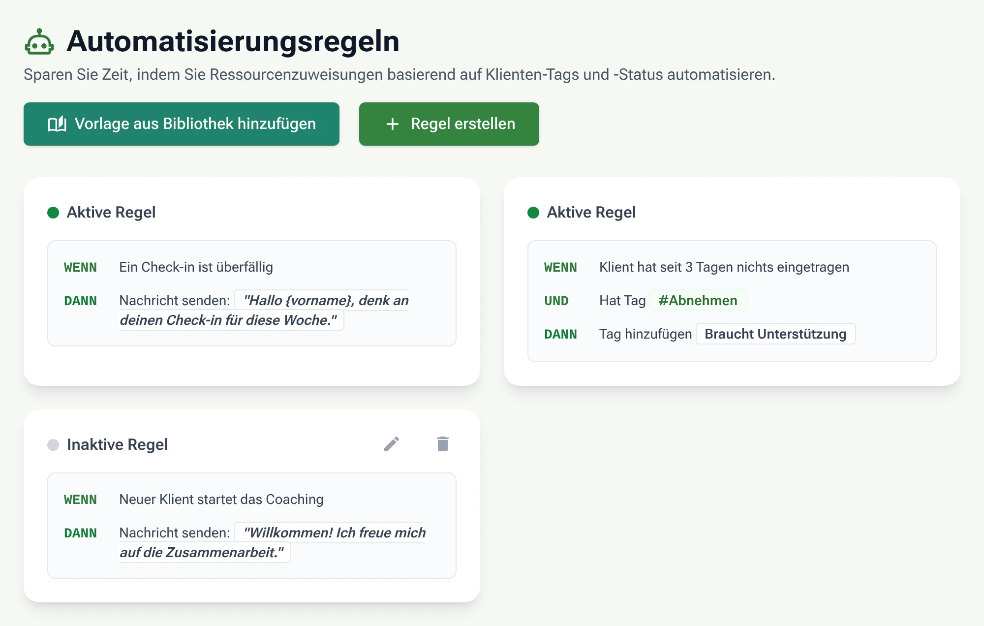Automatisierungsregeln in der App: Erinnerung bei überfälligem Check-in und Tag bei fehlenden Einträgen