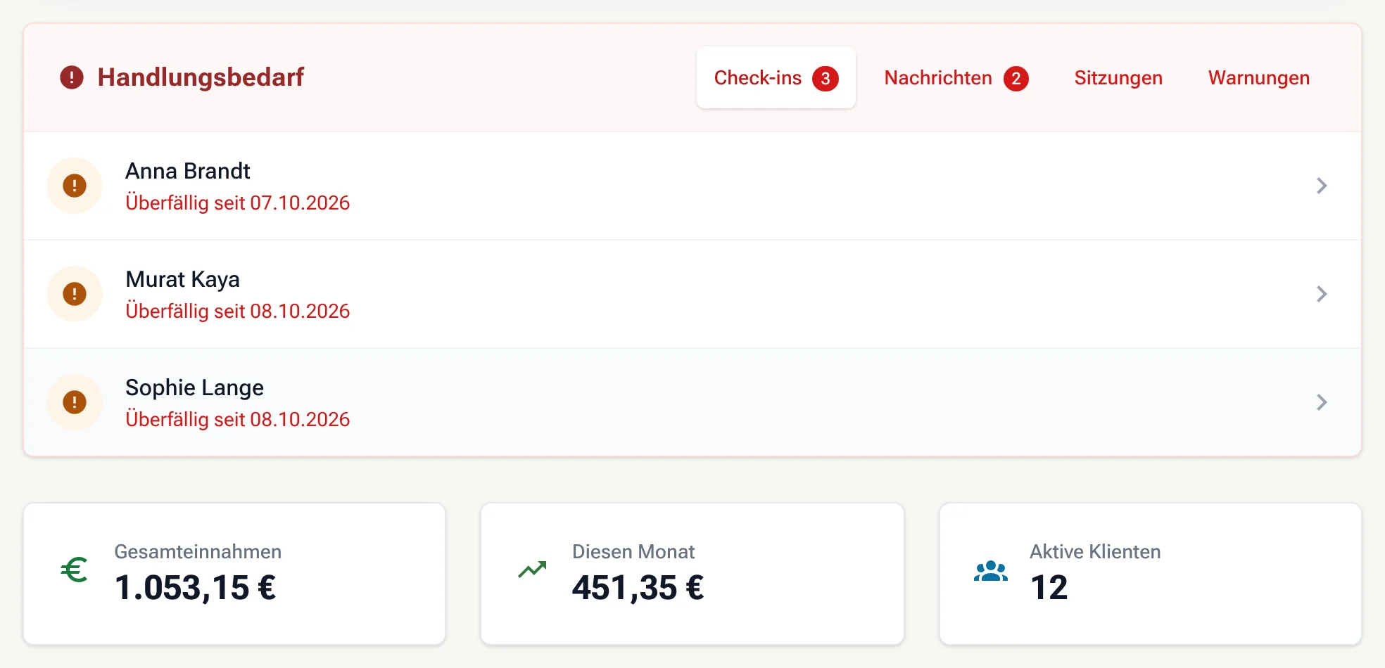Coach-Dashboard in der App mit überfälligen Check-ins, Einnahmen und aktiven Klienten